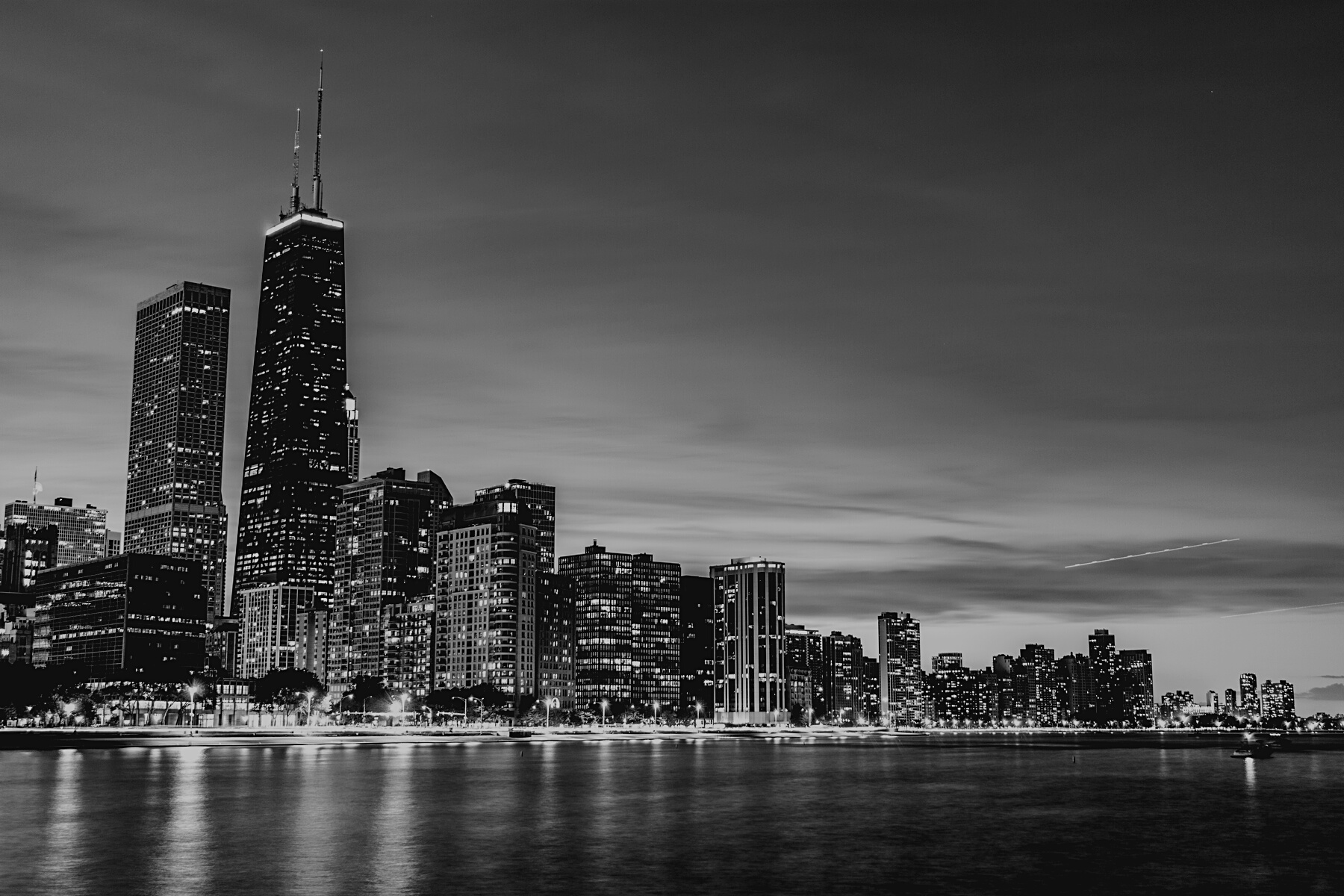 Black and White Chicago Skyline at Night